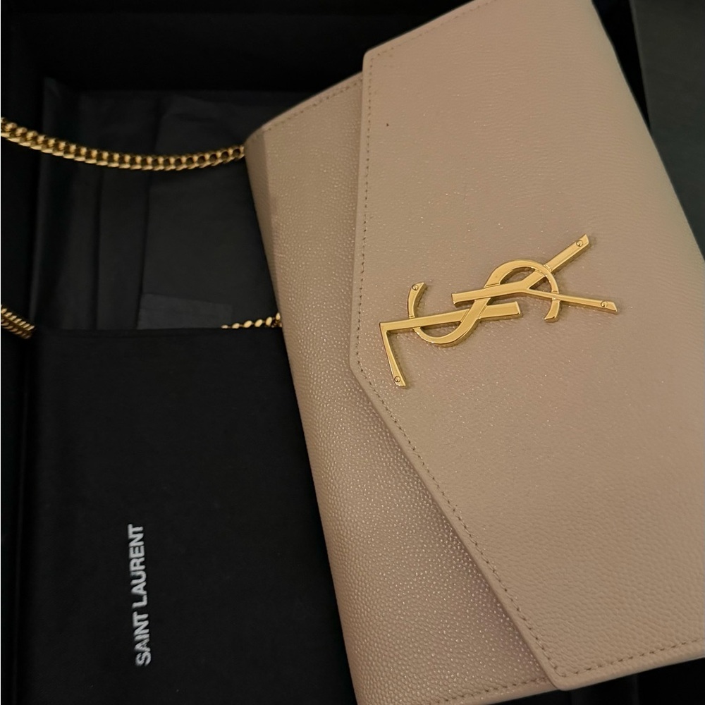 Saint Laurent Nude Leather Clutch with Gold Chain